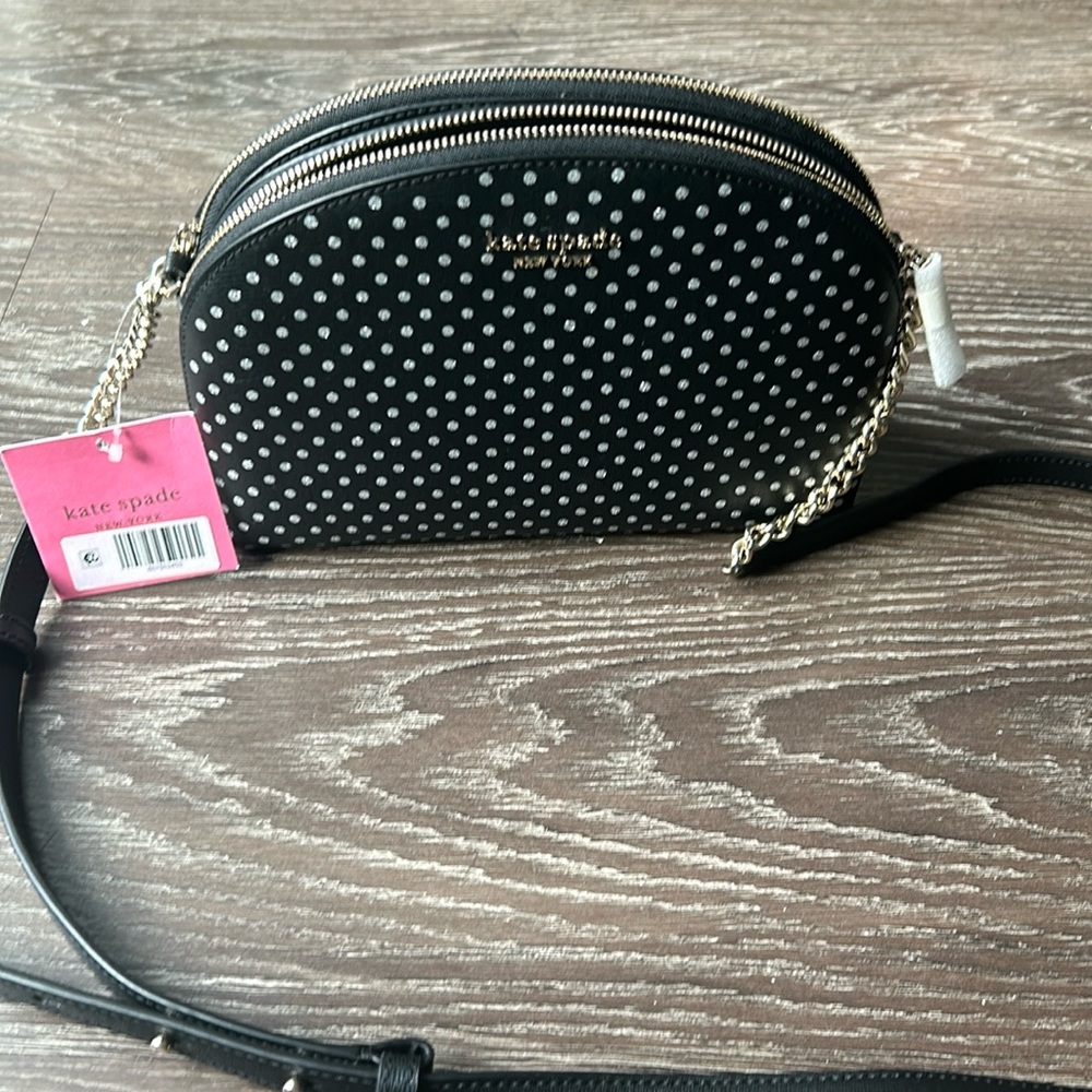 Kate Spade black with Metallic Polka Dot Double Zip Crossbody bag